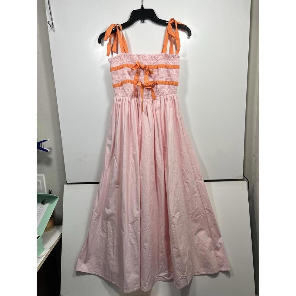 MABLE Lecia Smocked Midi Dress Pink Size Small Orange Tie Straps Smocked Summer - Picture 4 of 9